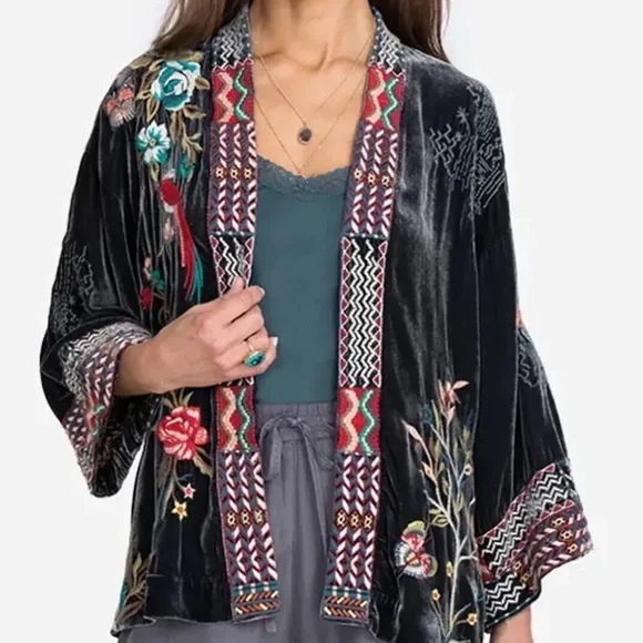 Johnny Was Gen Boho Velvet Floral Embroidered Kimono Jacket Jasper NWT